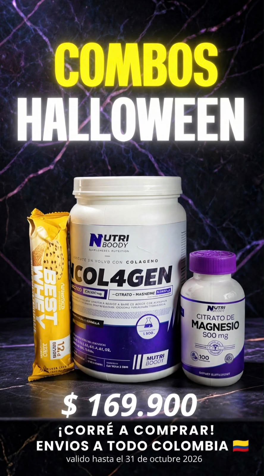 Combo Halloween Colágeno Hidrolizado 1 kg + Citrato de Magnesio + Barra Best Whey